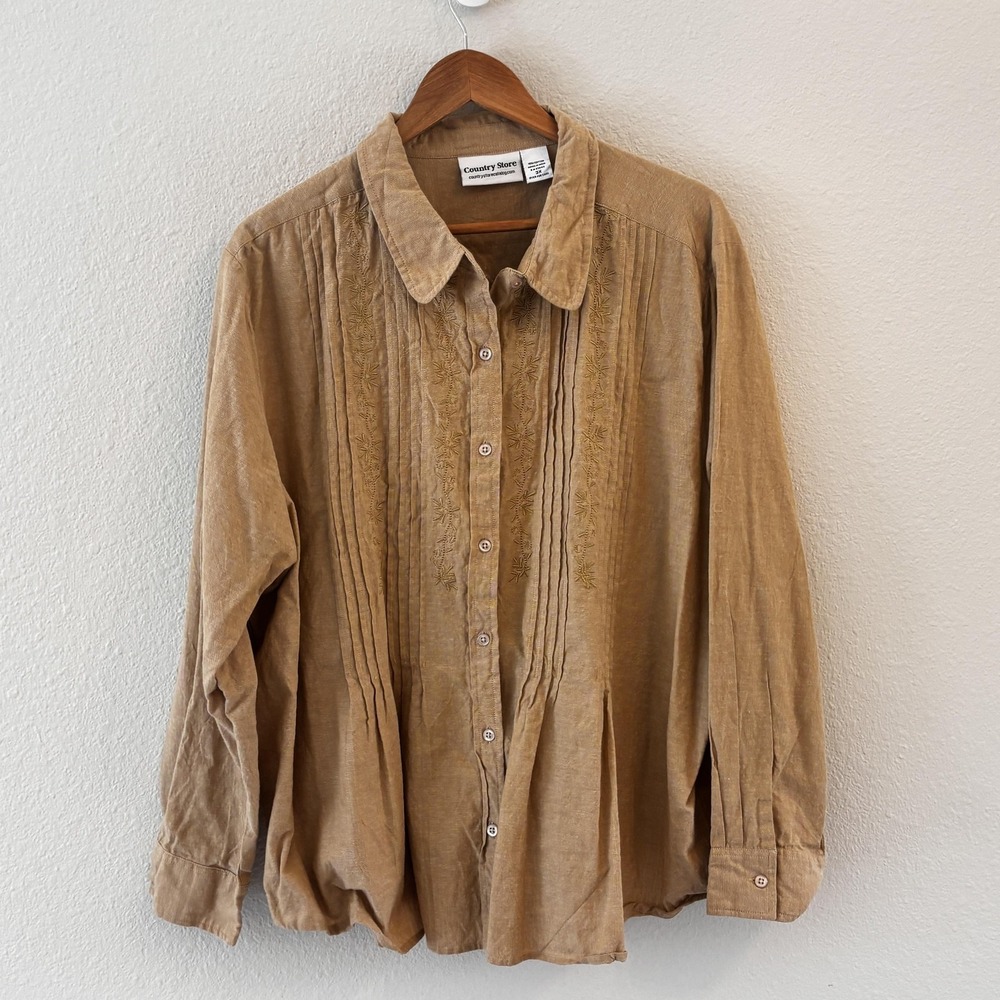 Country Store Embroidered Button Tunic Top Womens Size 3X Beige Cotton Boho